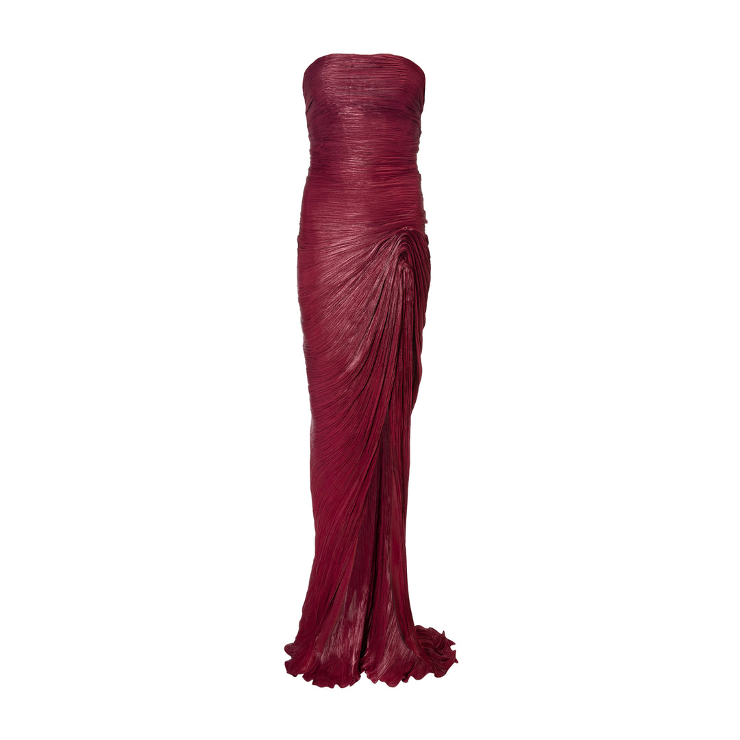 Strapless hand-pleated Satin-like draped dress with slit and cape