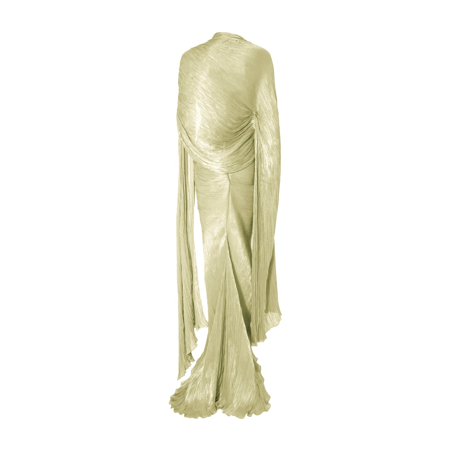 Strapless hand-pleated Satin-like draped dress with slit and cape