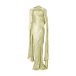 Load image into Gallery viewer, Strapless hand-pleated Satin-like draped dress with slit and cape
