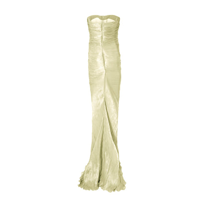 Strapless hand-pleated Satin-like draped dress with slit and cape