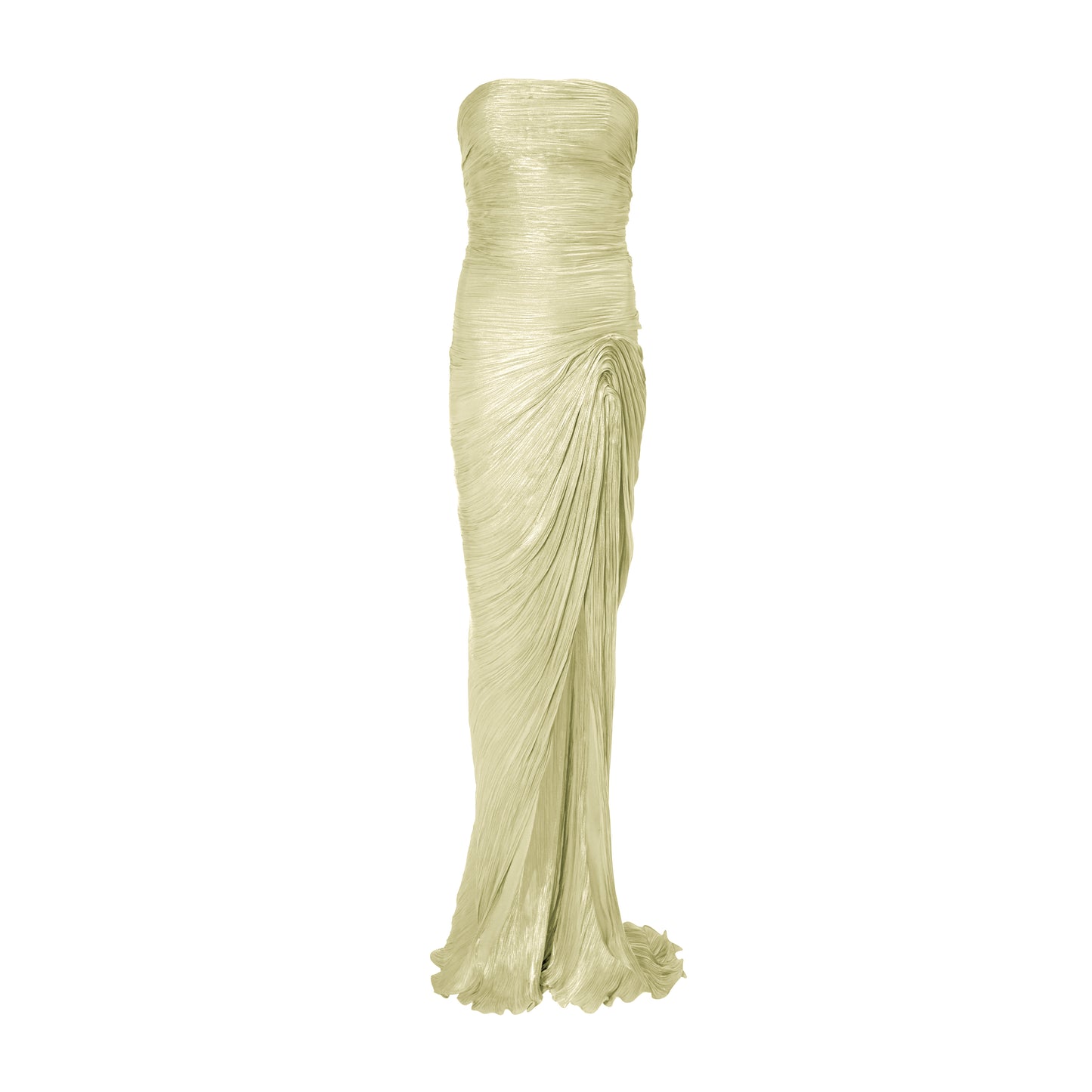 Strapless hand-pleated Satin-like draped dress with slit and cape