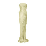 Load image into Gallery viewer, Strapless hand-pleated Satin-like draped dress with slit and cape
