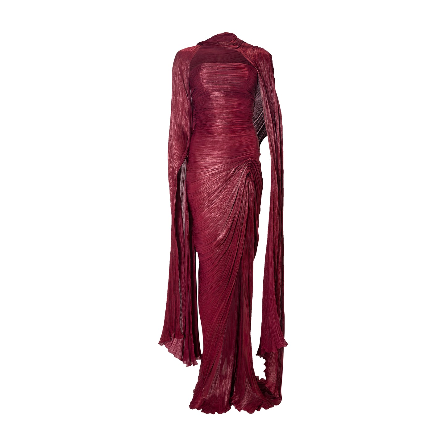 Strapless hand-pleated Satin-like draped dress with slit and cape