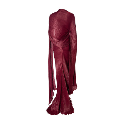 Strapless hand-pleated Satin-like draped dress with slit and cape