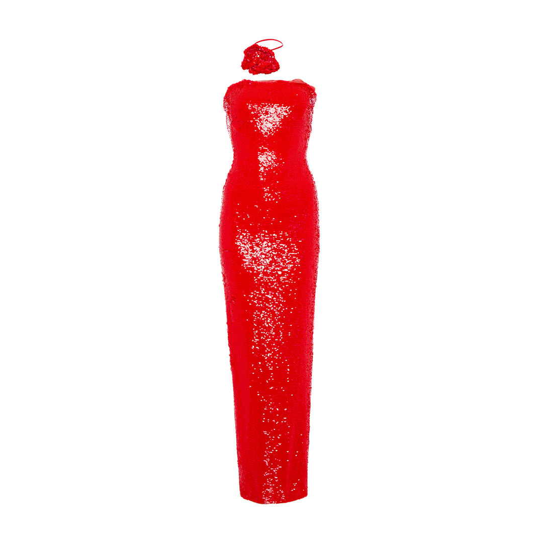 Strapless full Payette fitted gown with flower neck piece Orange / 44 Strapless full Payette fitted gown with flower neck piece Orange / 44