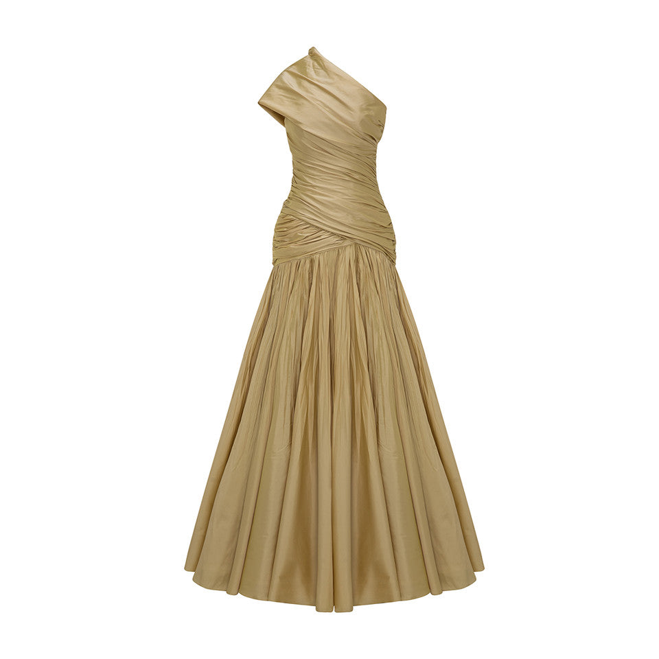 ONE SHOULDER DRAPED TAFFETA A-LINE CUT DRESS