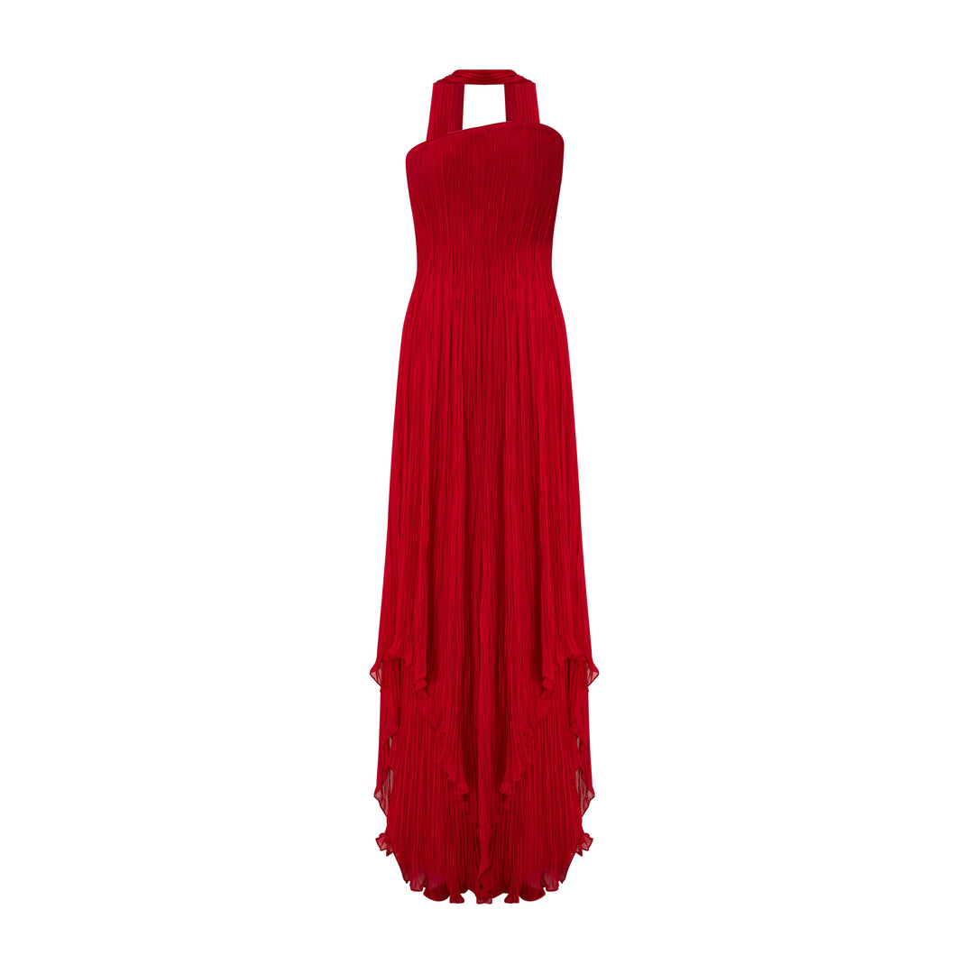 Strapless Pleated Chiffon Dress With Scarf
