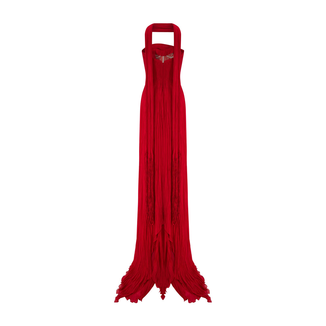 Strapless Pleated Chiffon Dress With Scarf