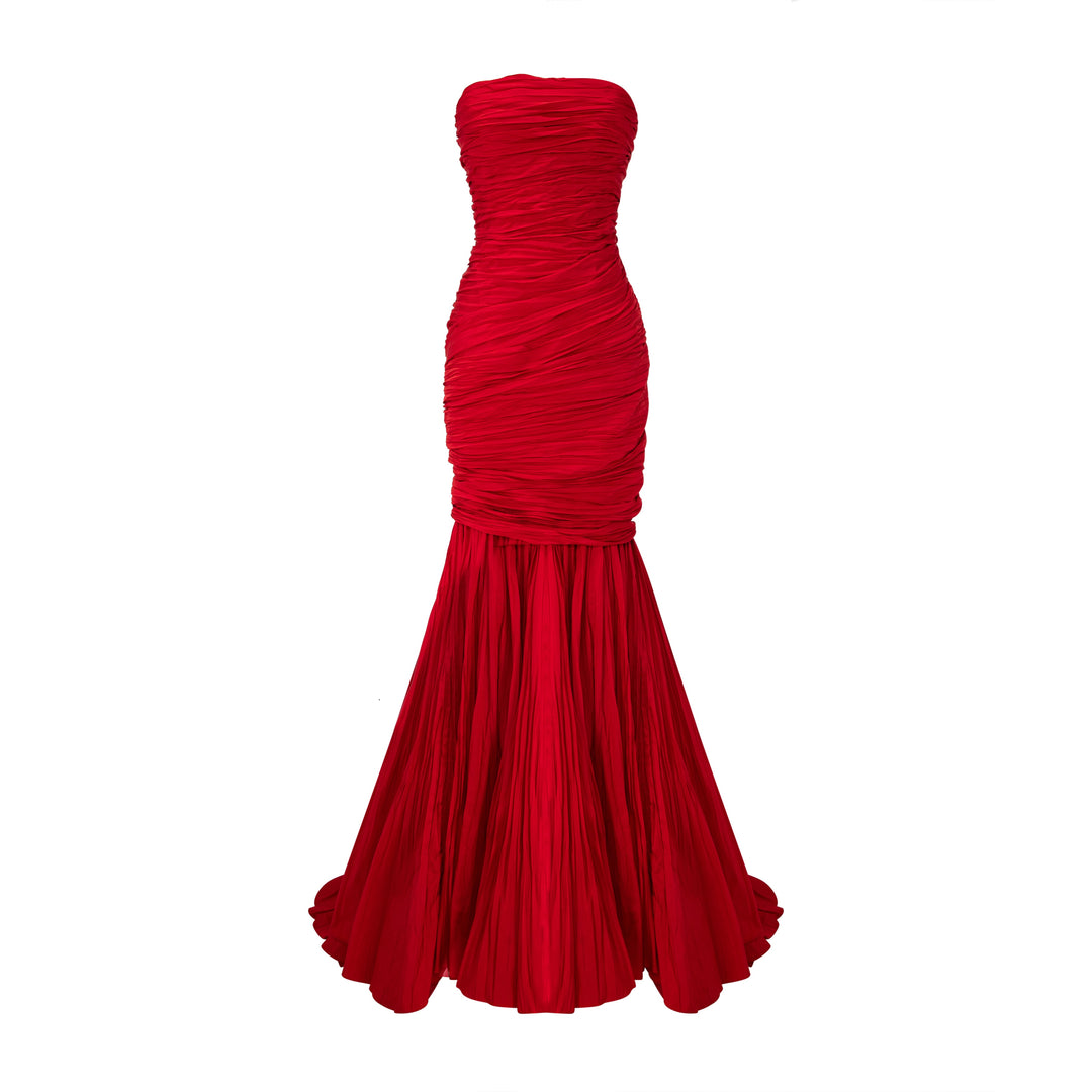 Strapless Pleated Taffeta Fish-Cut Dress With Cape