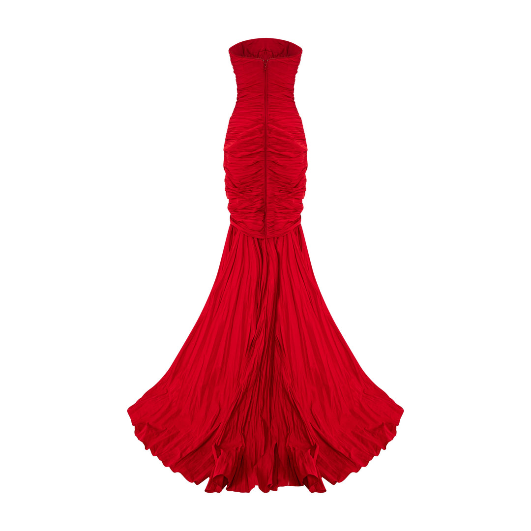 Strapless Pleated Taffeta Fish-Cut Dress With Cape