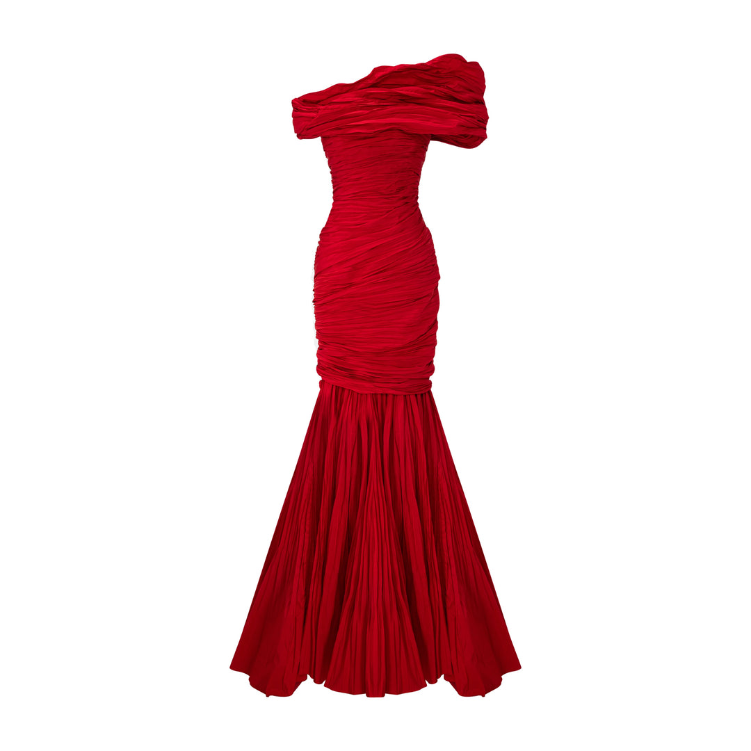 Strapless Pleated Taffeta Fish-Cut Dress With Cape