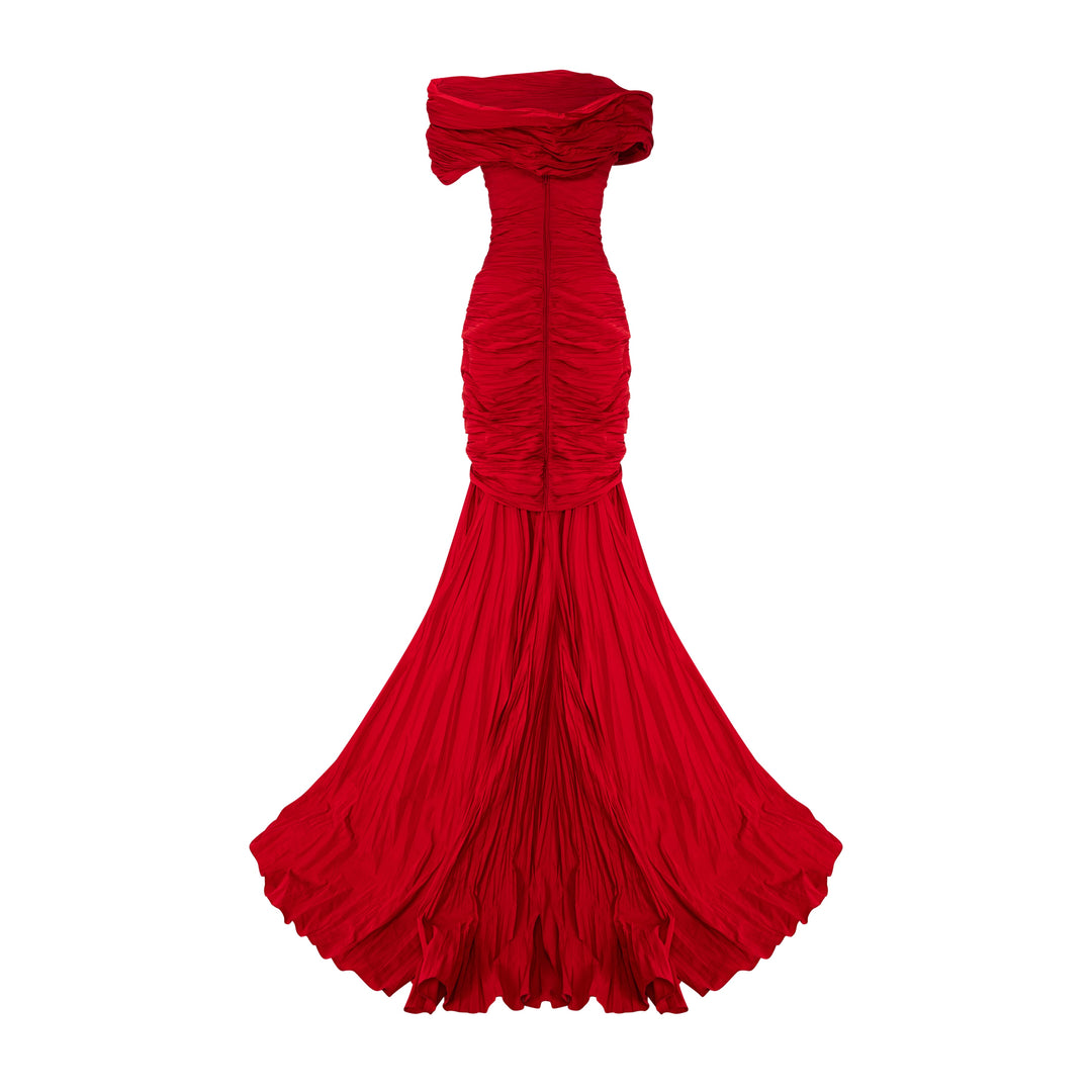 Strapless Pleated Taffeta Fish-Cut Dress With Cape