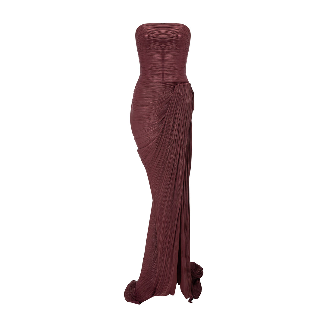 Strapless Pleated Silk Dress With Cape
