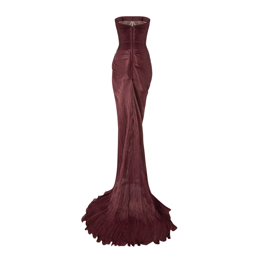 Strapless Pleated Silk Dress With Cape