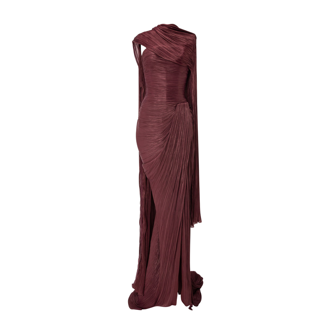 Strapless Pleated Silk Dress With Cape