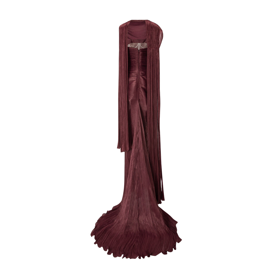 Strapless Pleated Silk Dress With Cape