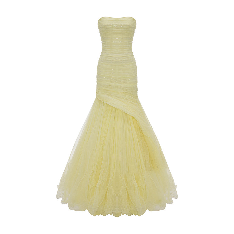 STRALESS FISH CUT TULLE DRAPED DRESS WITH EMBROIDERED SEQUIN Yellow / 42 / Tulle Sequin STRALESS FISH CUT TULLE DRAPED DRESS WITH EMBROIDERED SEQUIN Yellow / 42 / Tulle Sequin