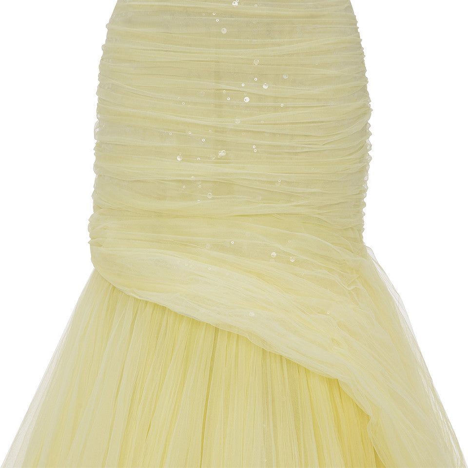 STRALESS FISH CUT TULLE DRAPED DRESS WITH EMBROIDERED SEQUIN