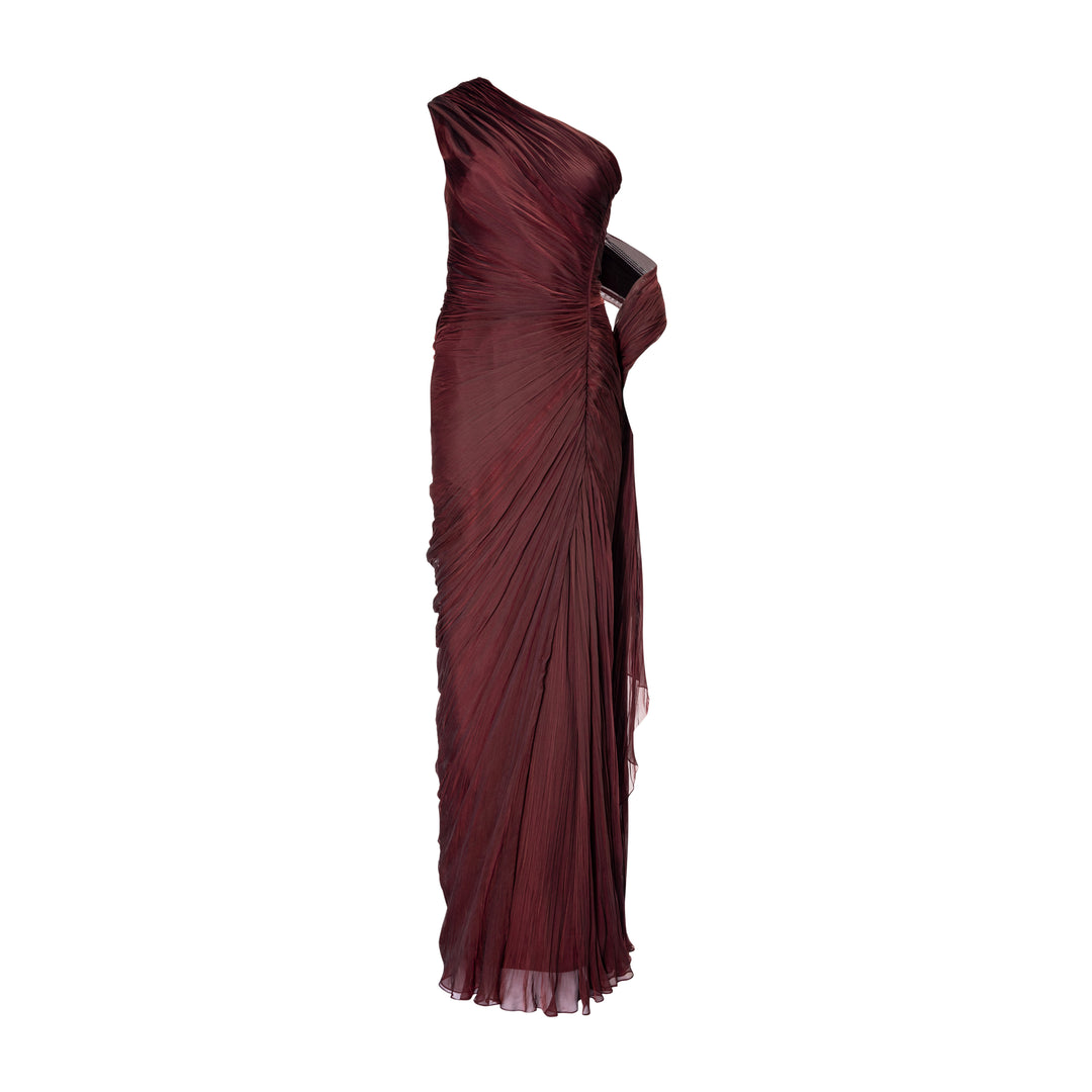 Hand-pleated two tone draped chiffon gown with cape