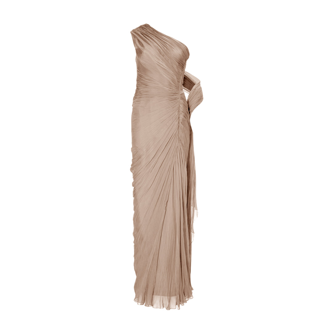 Hand-pleated two tone draped chiffon gown with cape