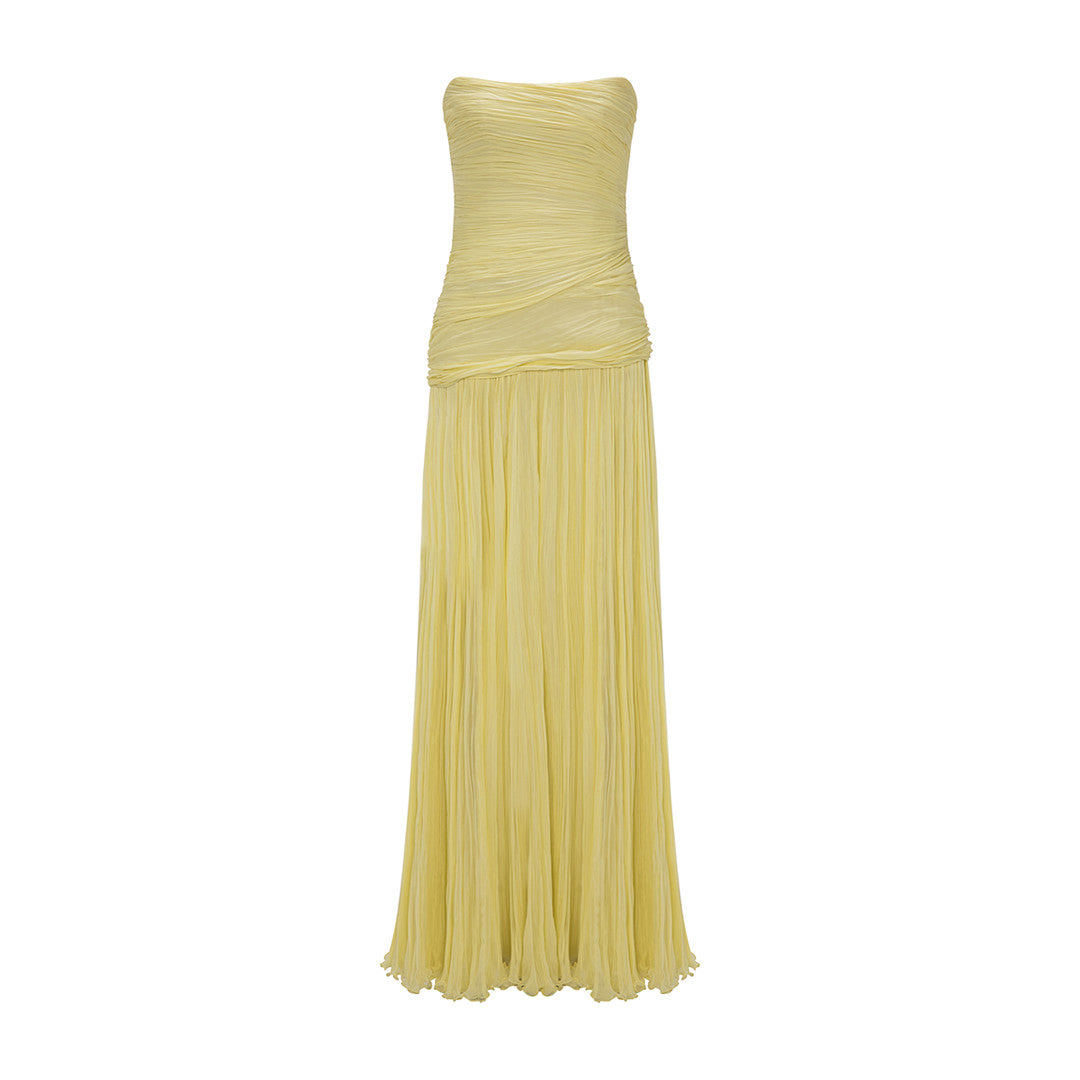 STRAPLESS PLEATED SILK GEORGETE DRESS WITH PLEATED CAPE Yellow / 46 / SILK Georgette STRAPLESS PLEATED SILK GEORGETE DRESS WITH PLEATED CAPE Yellow / 46 / SILK Georgette