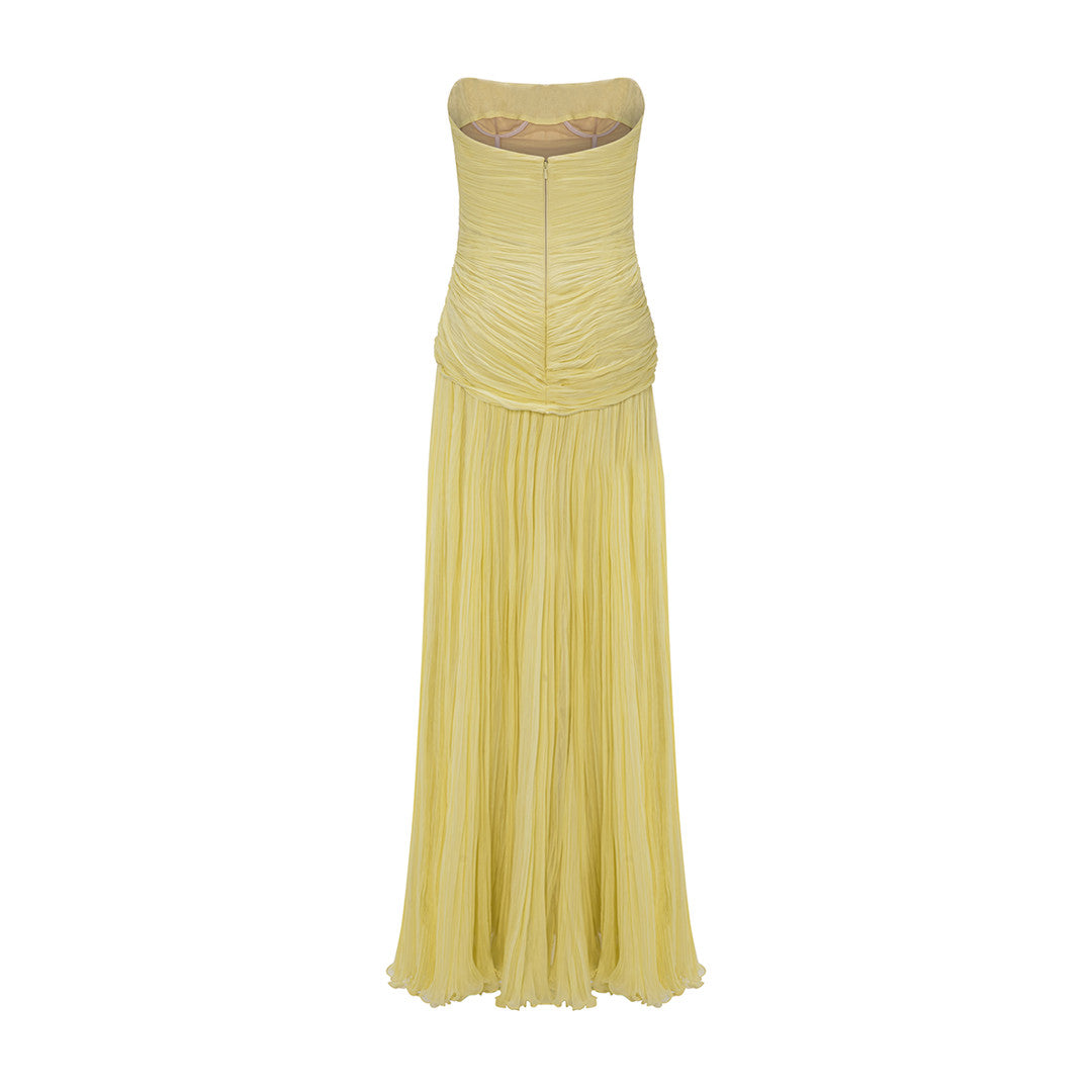 STRAPLESS PLEATED CHIFFON GEORGETE DRESS WITH PLEATED CAPE