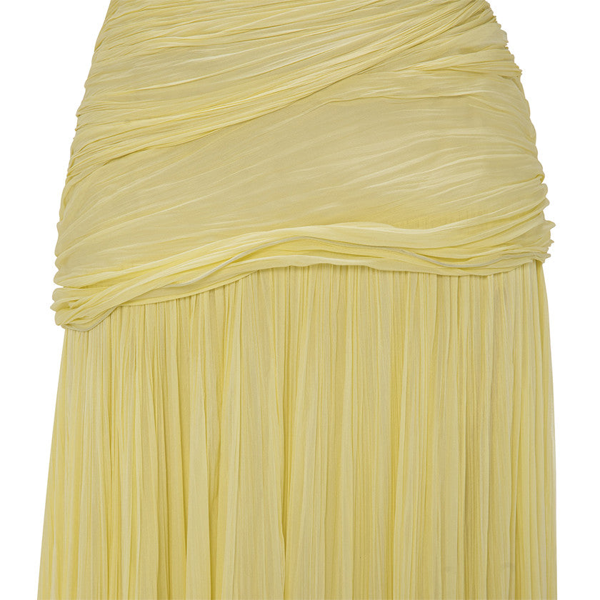 STRAPLESS PLEATED CHIFFON GEORGETE DRESS WITH PLEATED CAPE