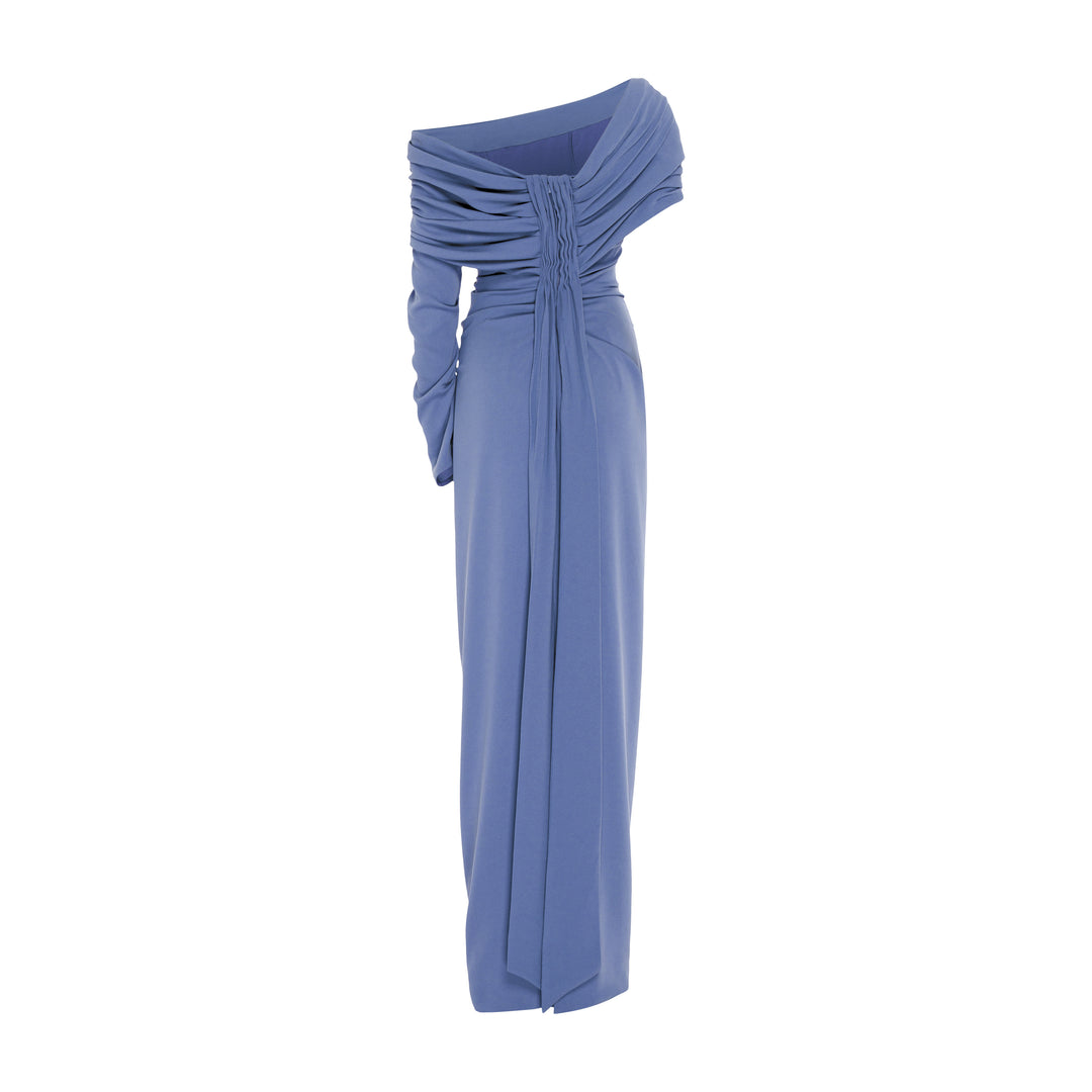 Assymetrical dropped shoulder draped crepe gown