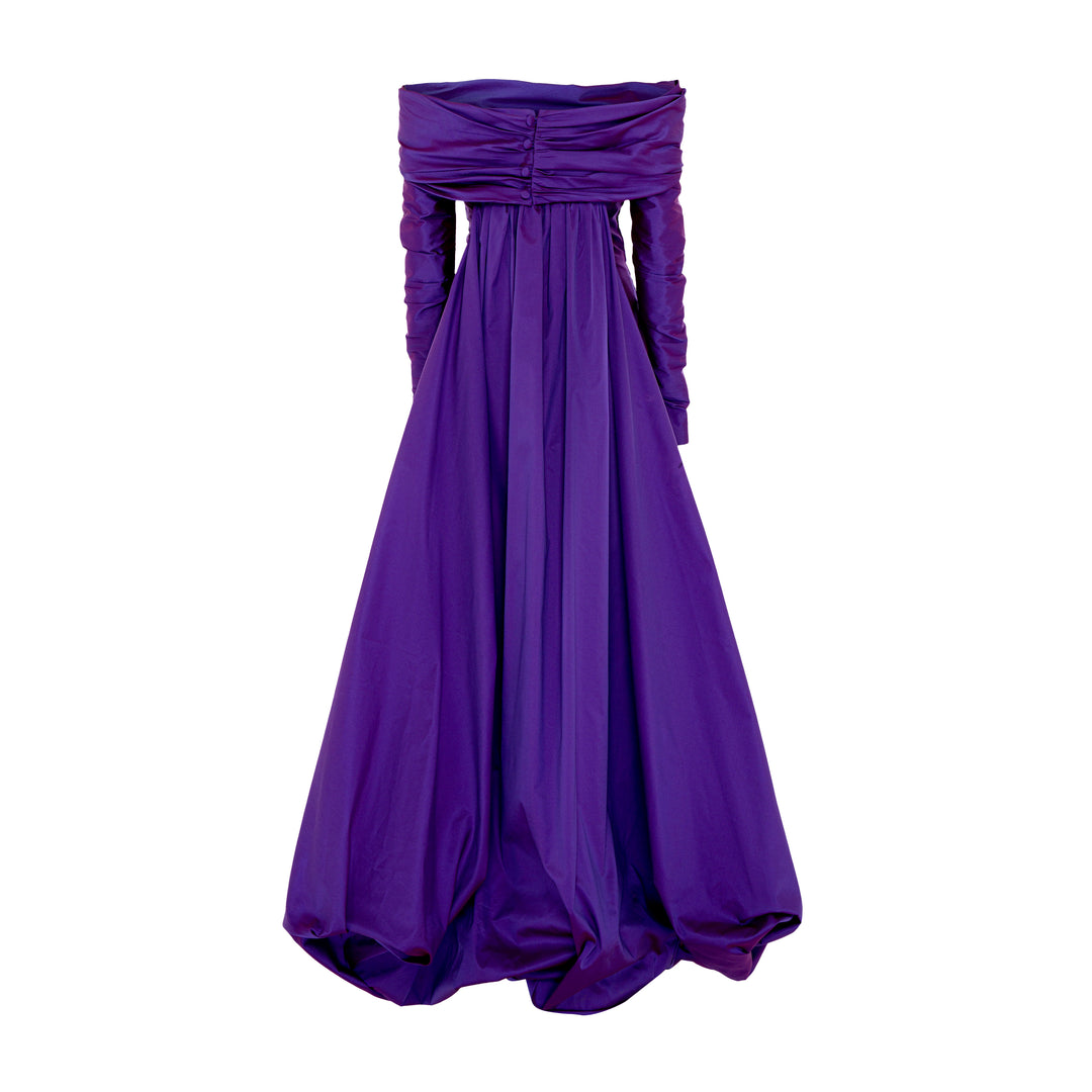 Off shoulder - long sleeve ruched Taffeta gown with detachable train