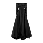 Load image into Gallery viewer, Off shoulder - long sleeve ruched Taffeta gown with detachable train
