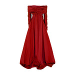 Load image into Gallery viewer, Off shoulder - long sleeve ruched Taffeta gown with detachable train
