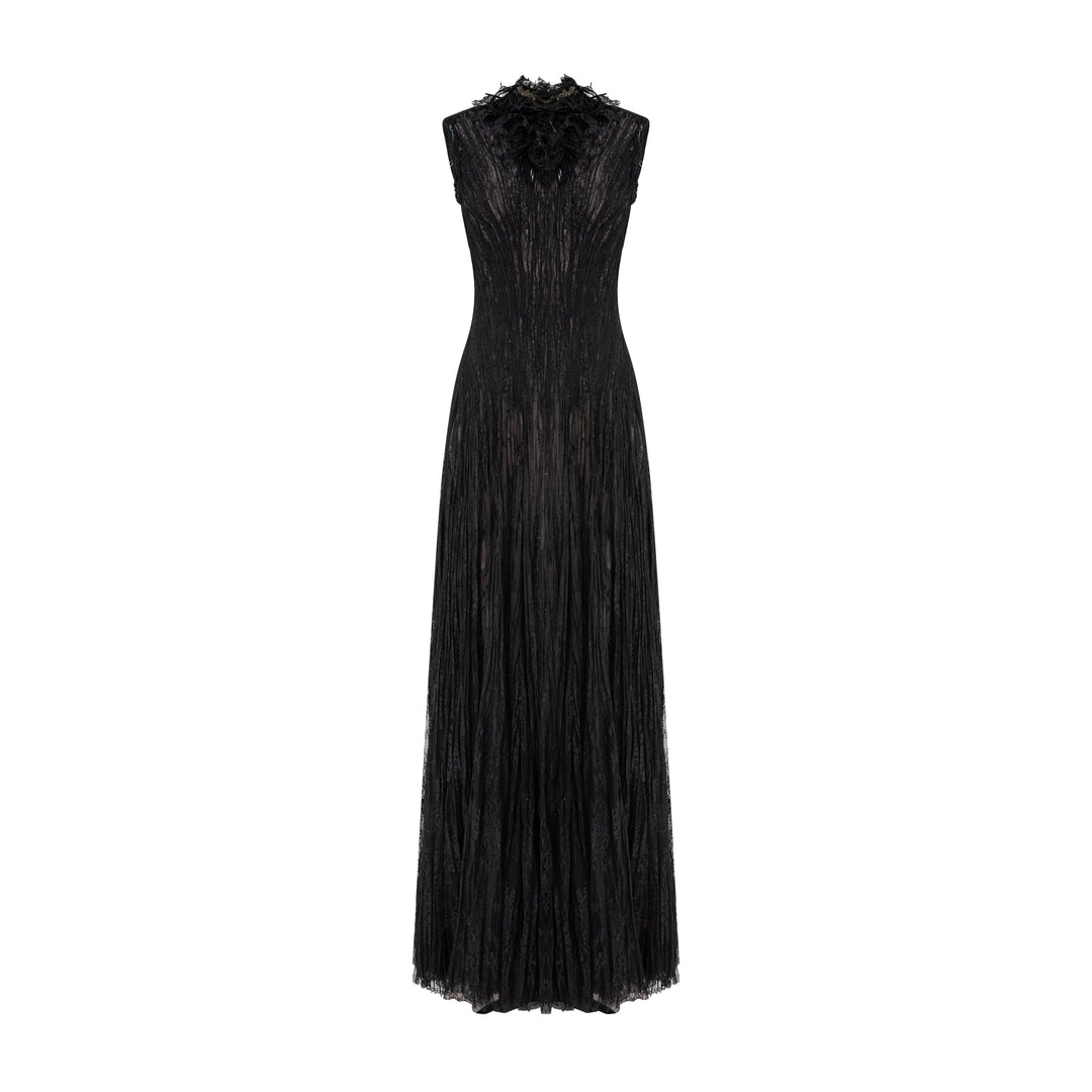 High Neck Pleated Lace Dress With Embroidered Detail