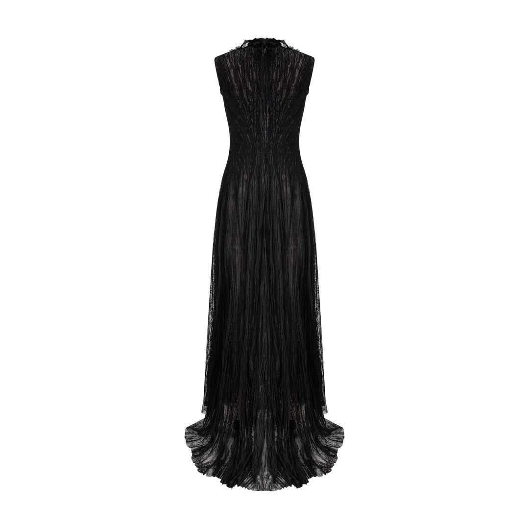 High Neck Pleated Lace Dress With Embroidered Detail