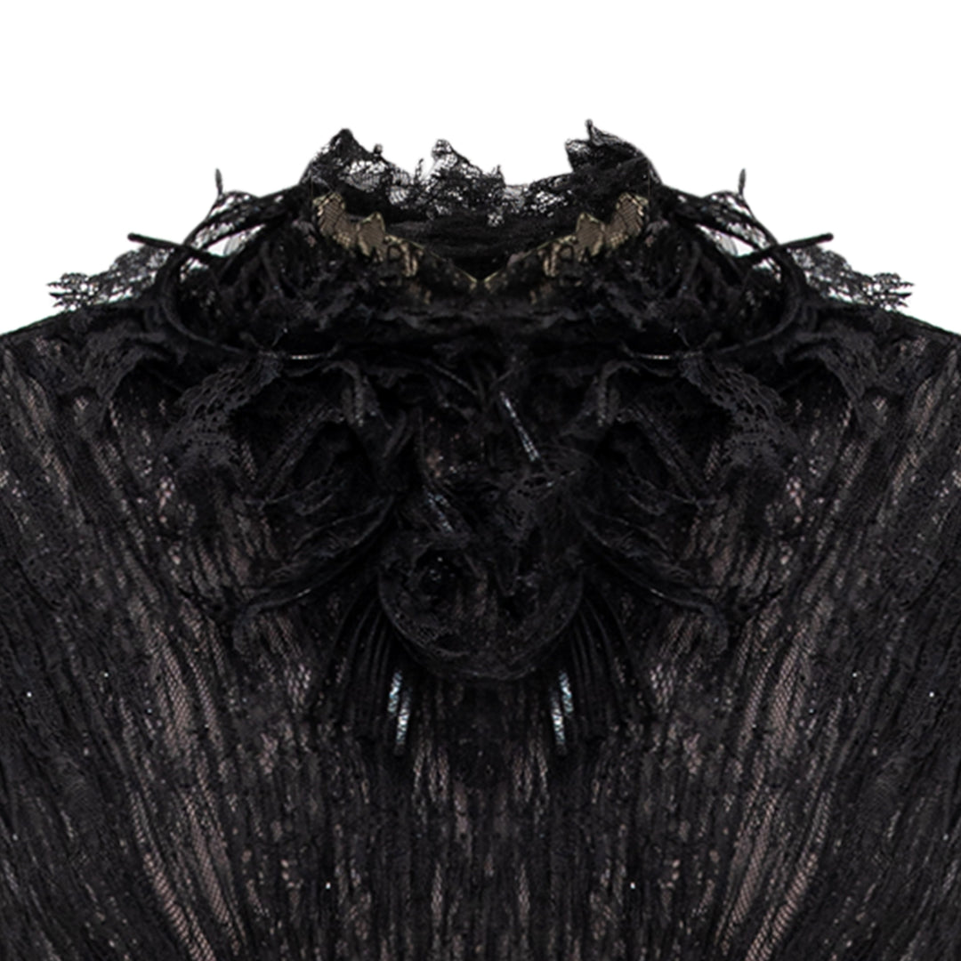High Neck Pleated Lace Dress With Embroidered Detail