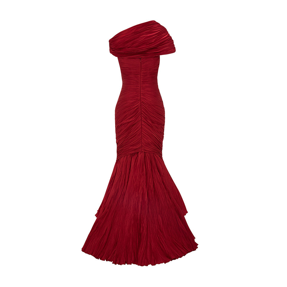 OFF SHOULDER FISHCUT PLEATED TAFFETA DRESS