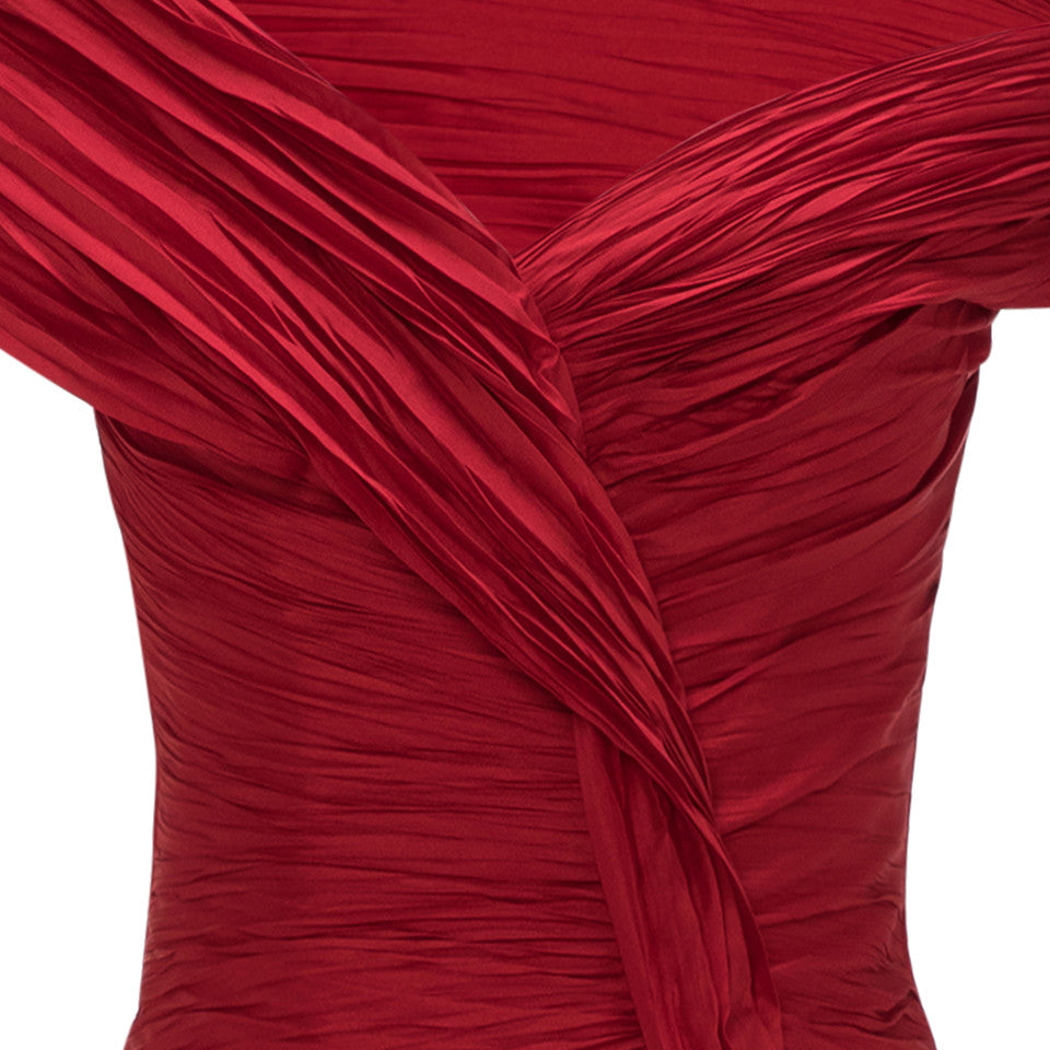 OFF SHOULDER FISHCUT PLEATED TAFFETA DRESS