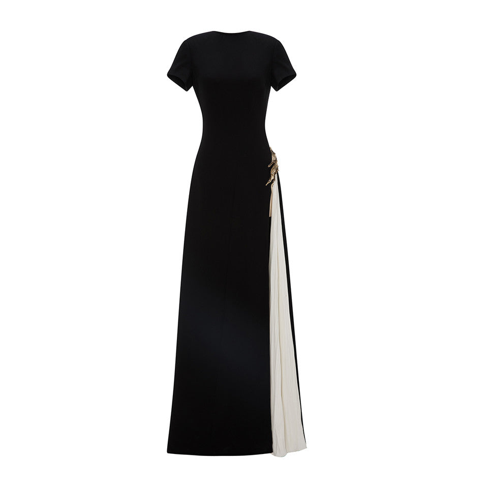 A-LINE CREPE DRESS WITH HAND PLEATED CHIFFON SLIT AND EMBROIDERED BROCARD