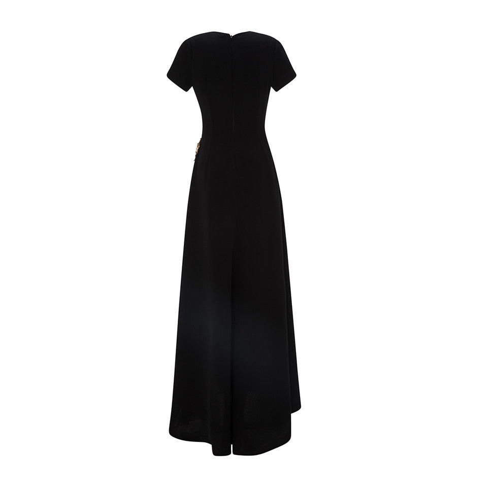 A-LINE CREPE DRESS WITH HAND PLEATED CHIFFON SLIT AND EMBROIDERED BROCARD