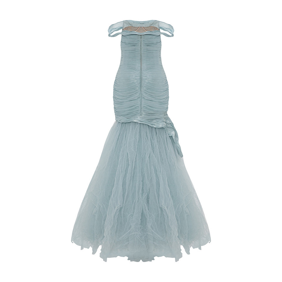 OFF SHOULDER FISHCUT PLEATED ROSEYA DRESS WITH PLEATED TULLE