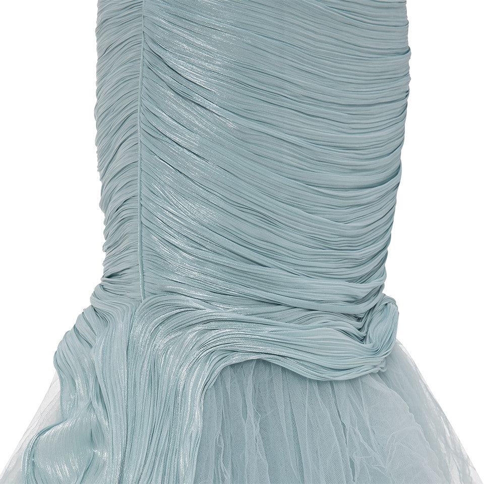OFF SHOULDER FISHCUT PLEATED ROSEYA DRESS WITH PLEATED TULLE