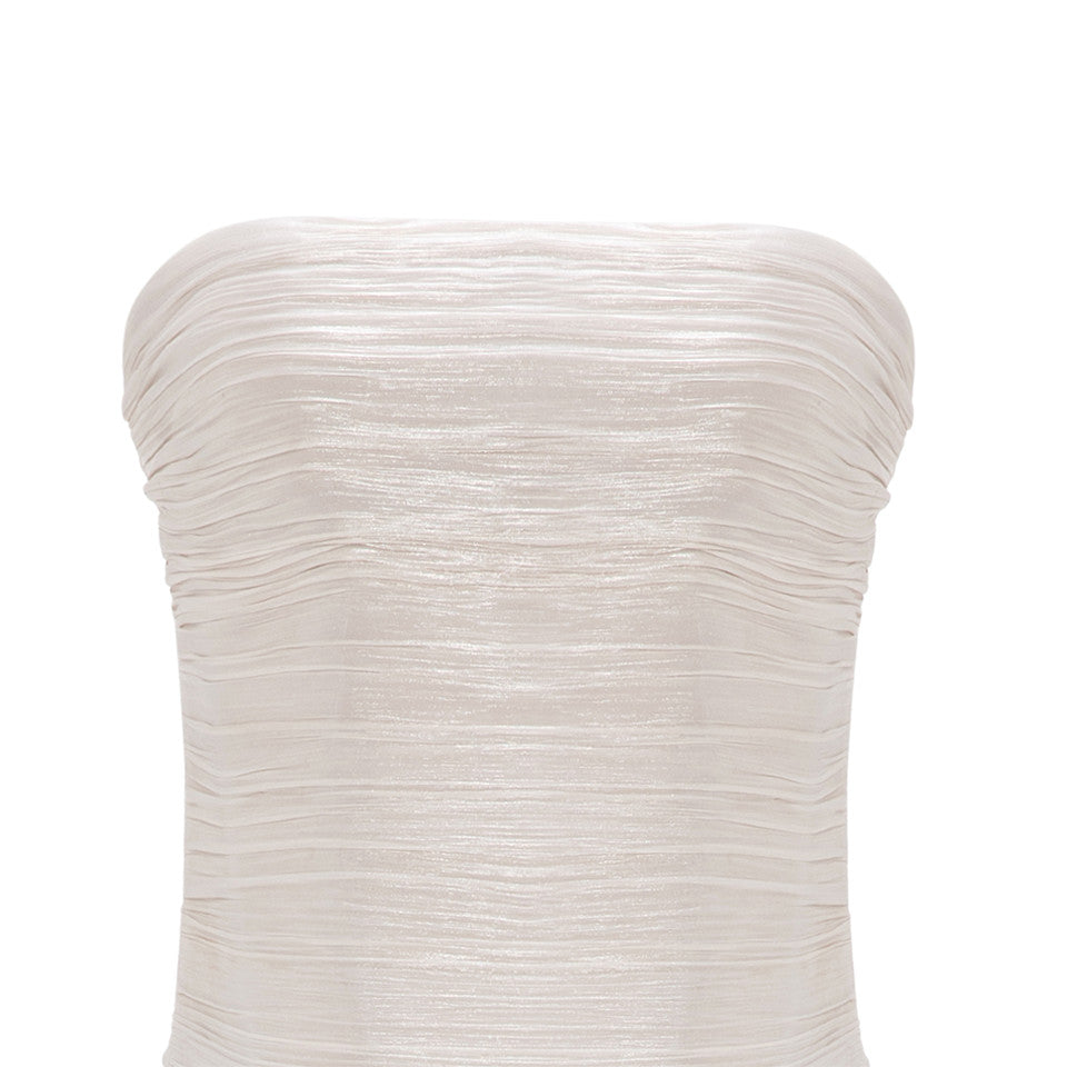 STRAPLESS SILK ROSEYA PLEATED DRESS