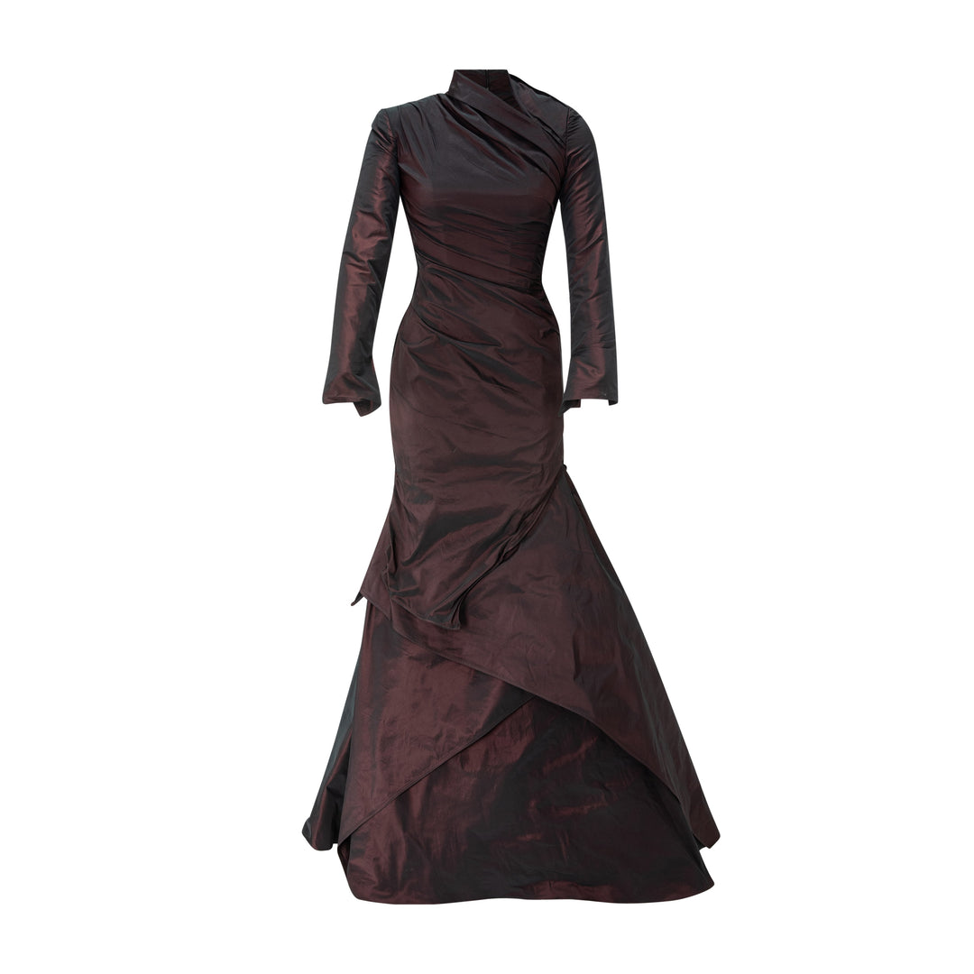 High Neck Draped Fish-Cut Taffeta Dress