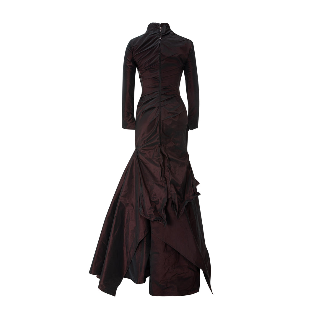 High Neck Draped Fish-Cut Taffeta Dress