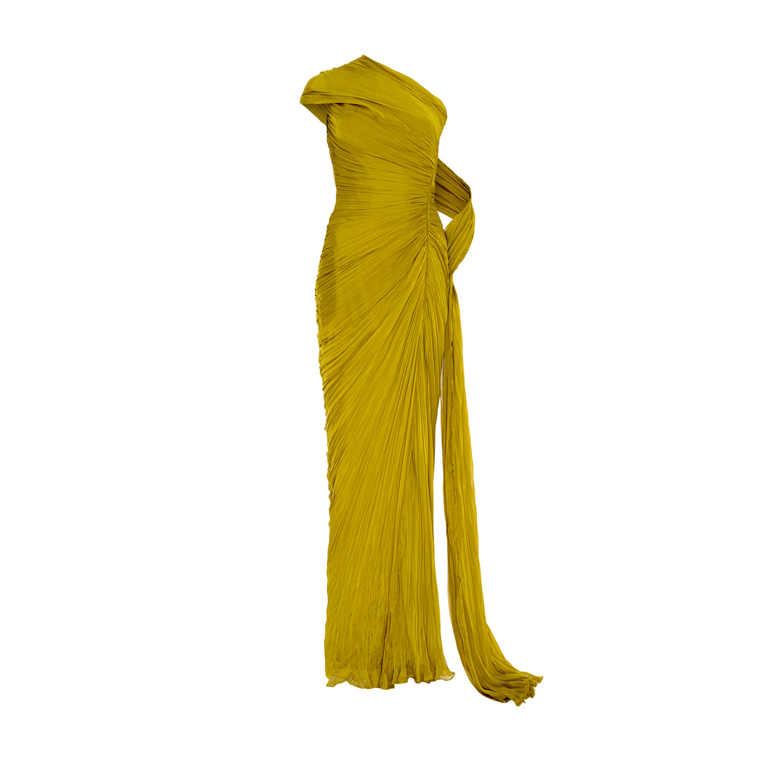 Hand-pleated two tone draped chiffon gown with cape