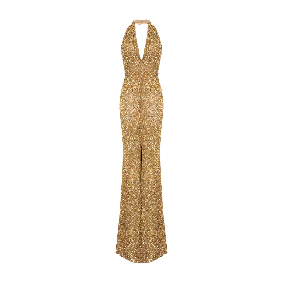 Halter Neck Embroidered Dress With Slit