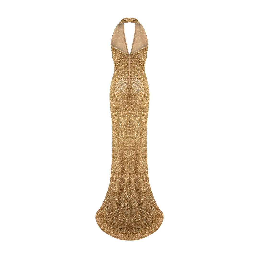 Halter Neck Embroidered Dress With Slit