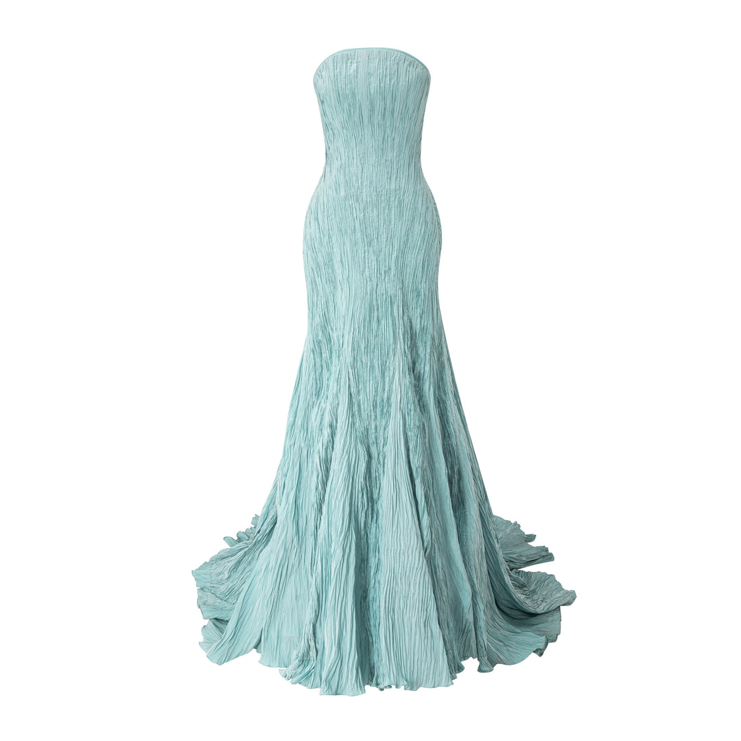 Strapless Pleated Taffeta Fish-Cut Dress