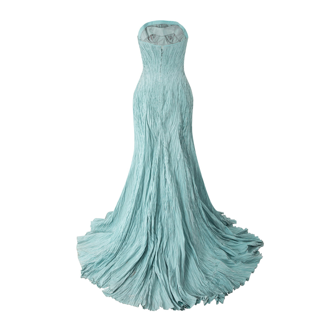 Strapless Pleated Taffeta Fish-Cut Dress