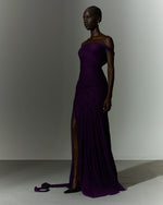 Load image into Gallery viewer, Hand pleated draped chiffon gown with cape and slit
