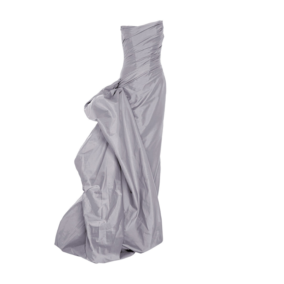 Strapless draped tafeta gown with side tail
